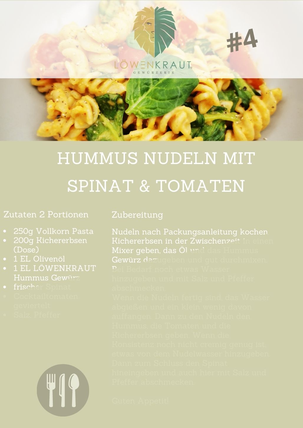 4 REZEPTKARTE #4 Hummus Nudeln mit Spinat & Tomaten