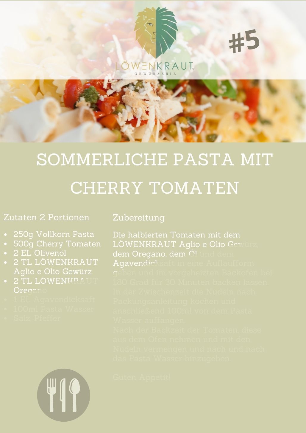 5 REZEPTKARTE #5 Sommerliche Pasta mit Cherry Tomaten