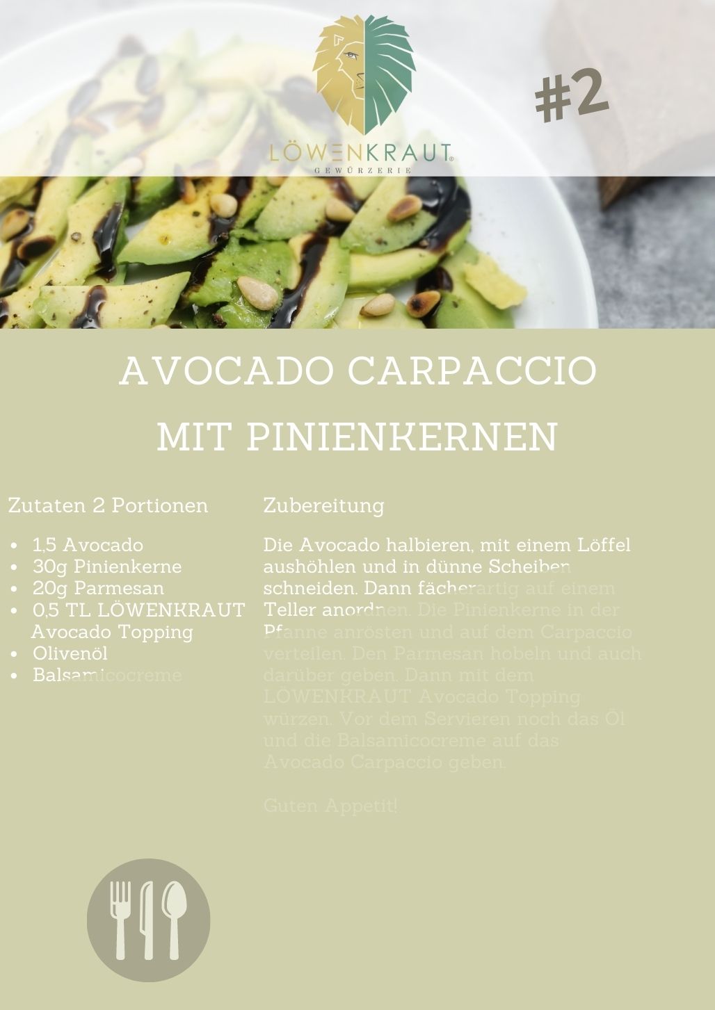 2 REZEPTKARTE #2 Avocado Carpaccio mit Pinienkernen